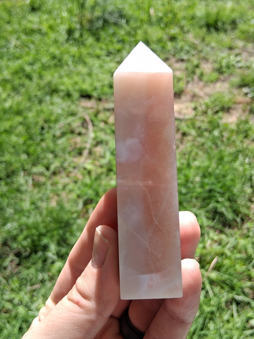 Pink Flower Agate Tower Sakura Cherry Blossom Blue Banded Crystal 102mm Obelisk